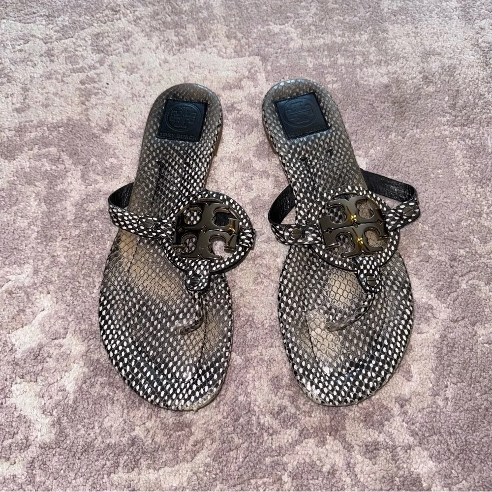 Tory Burch Women’s 11 Black White Silver Snakeskin Miller Sandals